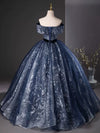 A-Line Off Shoulder Tulle Lace Dark Blue Long Prom Dress, Dark Blue Long Formal Dress