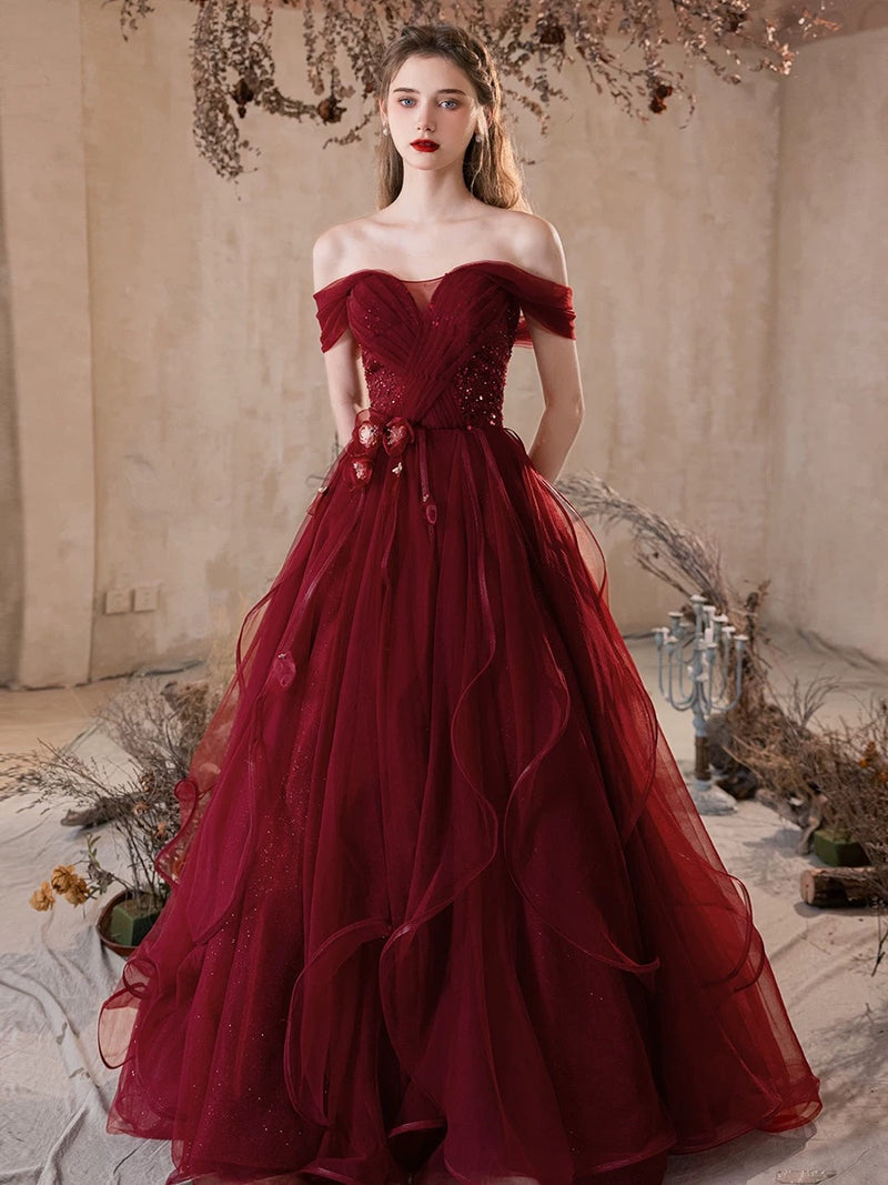 A-Line Off Shoulder Tulle Burgundy Long Prom Dress, Burgundy Long Evening Dress