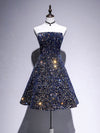 Dark Blue A-Line Sequin Lace Short Prom Dress, Blue Homecoming Dress