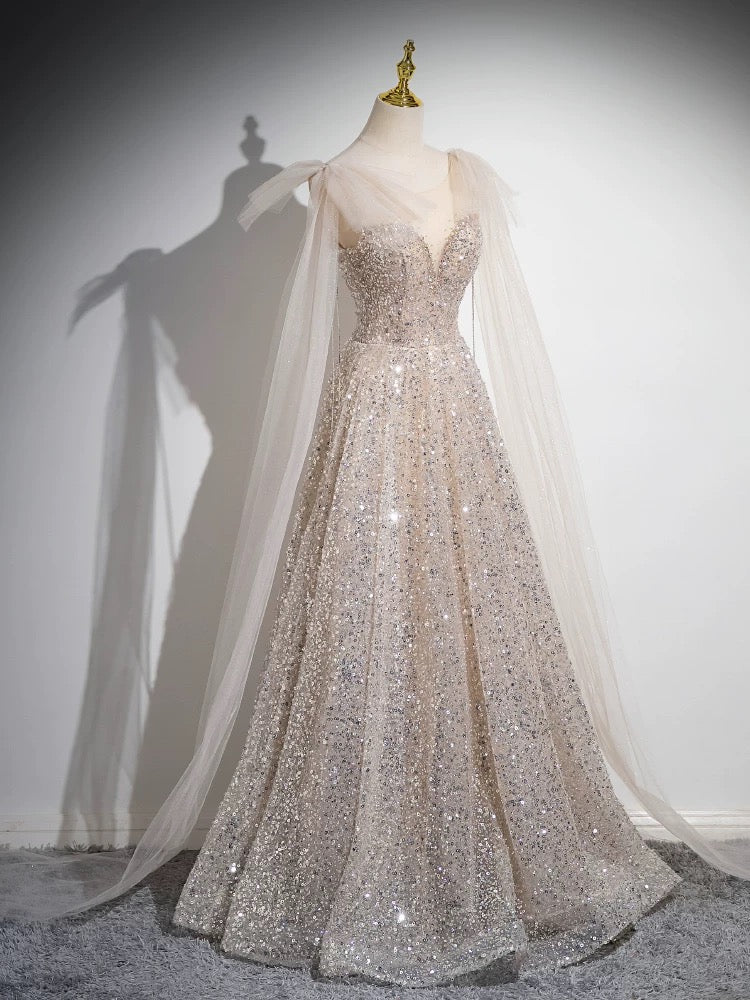 A-Line Scoop Neckline Tulle Sequin Champagne Long Prom Dress Custom Size / Champagne A-Line Scoop Neckline Tulle Sequin Champagne Long Prom Dress Custom Size / Champagne