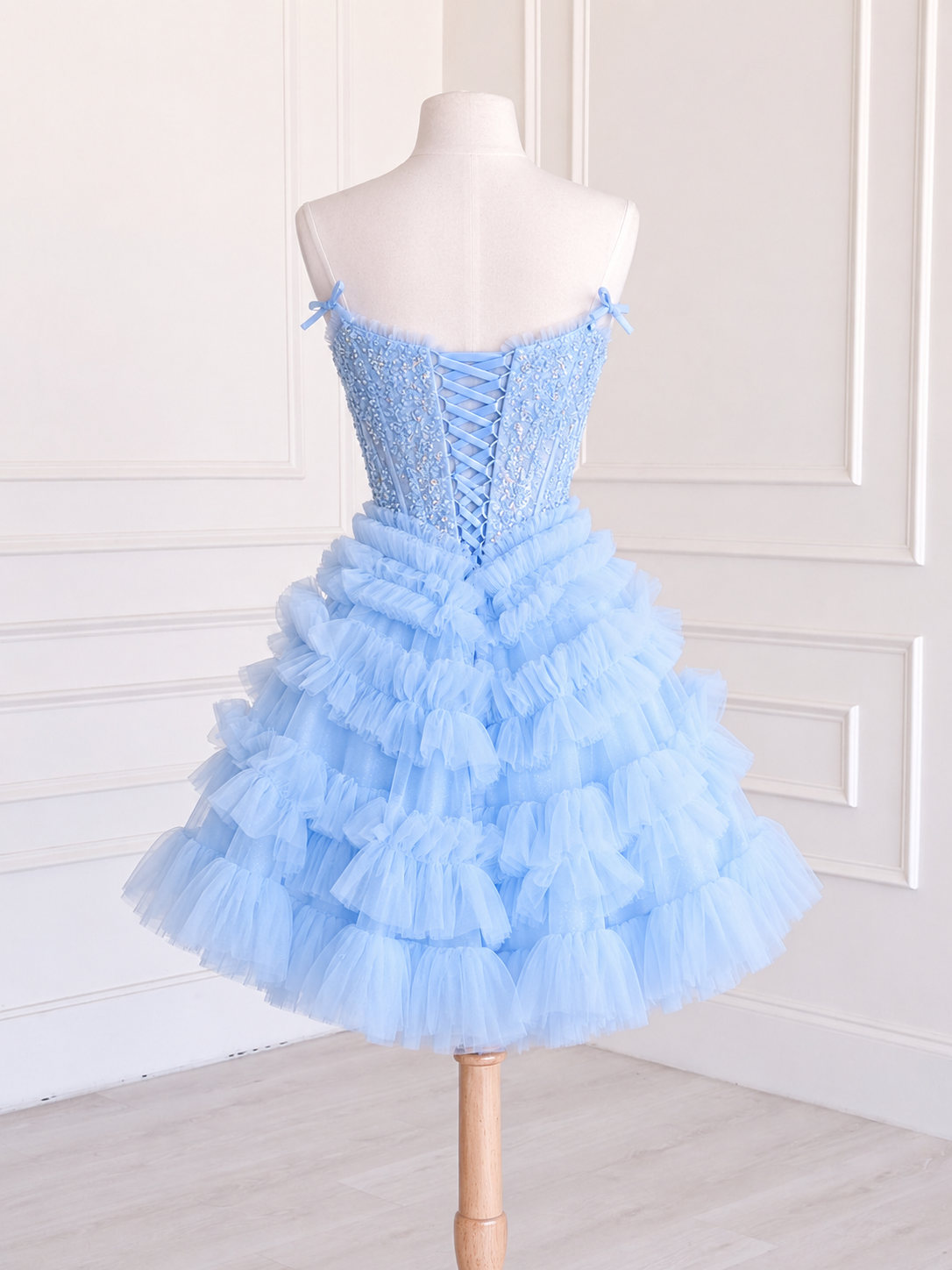 A-line Tulle Lace Short Blue Prom Dress, Blue Homecoming Dress