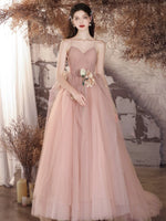 A-Line V Neck Tulle Flower Pink Long Prom Dress, Pink Long Evening Dress