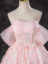 A-Line Off Shoulder Tulle Short Pink Prom Dress, Pink Homecoming Dress