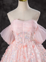 A-Line Off Shoulder Tulle Short Pink Prom Dress, Pink Homecoming Dress