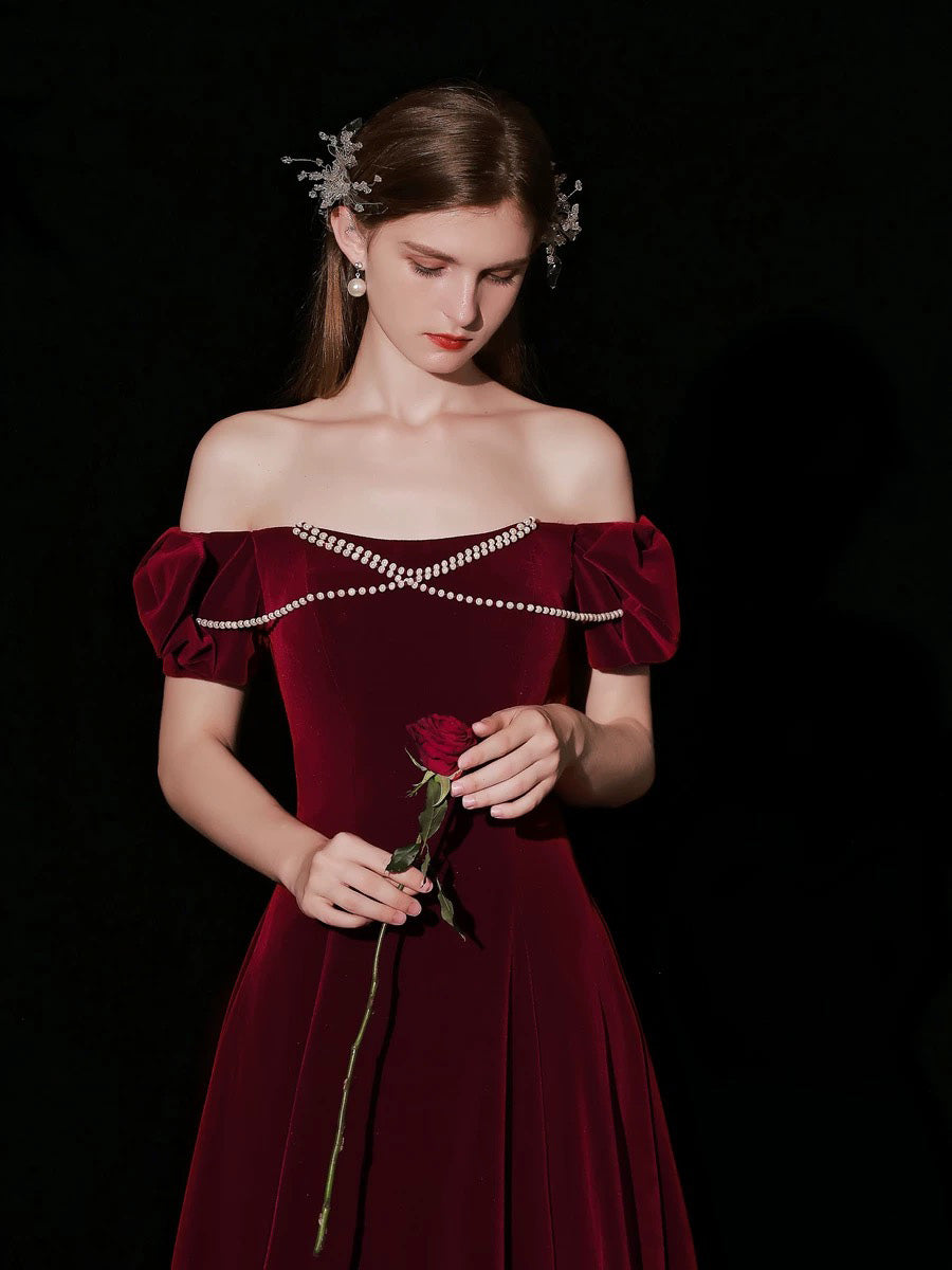 Simple A-Line Velvet Floor Length Burgundy Prom Dress with Beads