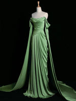 A-Line Off Shoulder Satin Green Long Prom Dress, Green Long Formal Dress