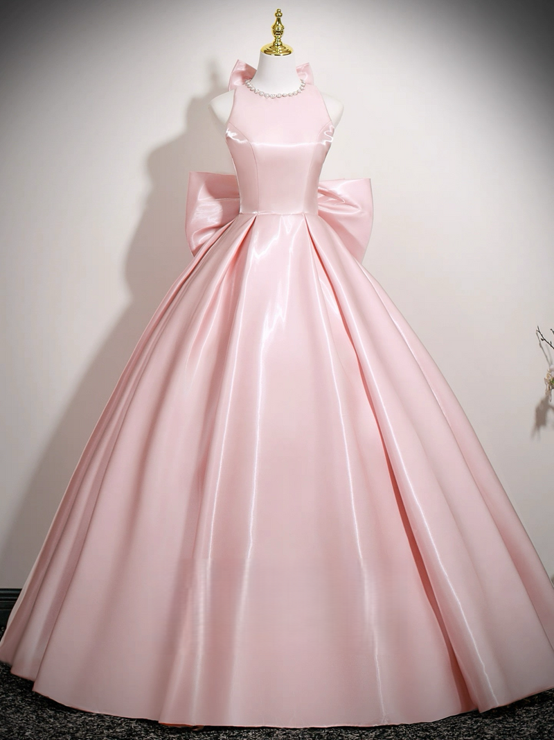 A-Line Satin Pink Long Prom Dress, Pink Long Evening Dress