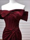 Mermaid Off Shoulder Burgundy Long Prom Dress, Burgundy Long Evening Dress