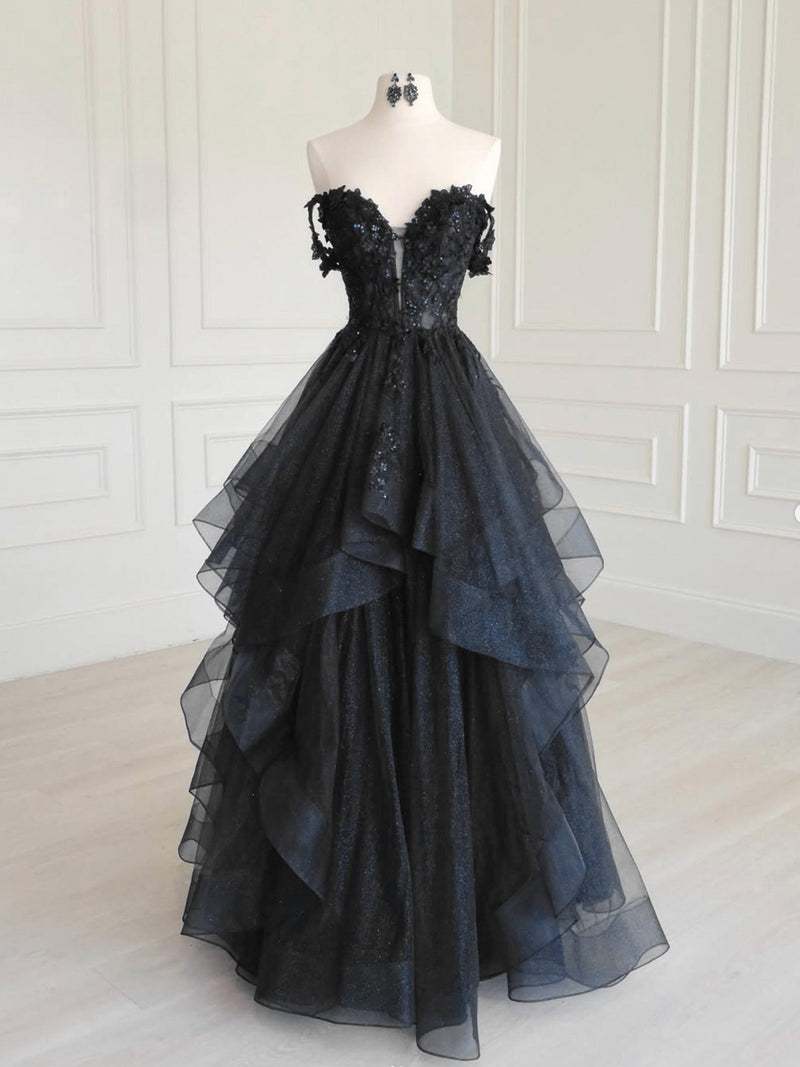 black and blue lace prom dress A-Line Off Shoulder Tulle Sequin Long – shopluu Zara | Dresses | _okendo:syndication_key:CL136950240 Yes Shown Color Color:Glacier