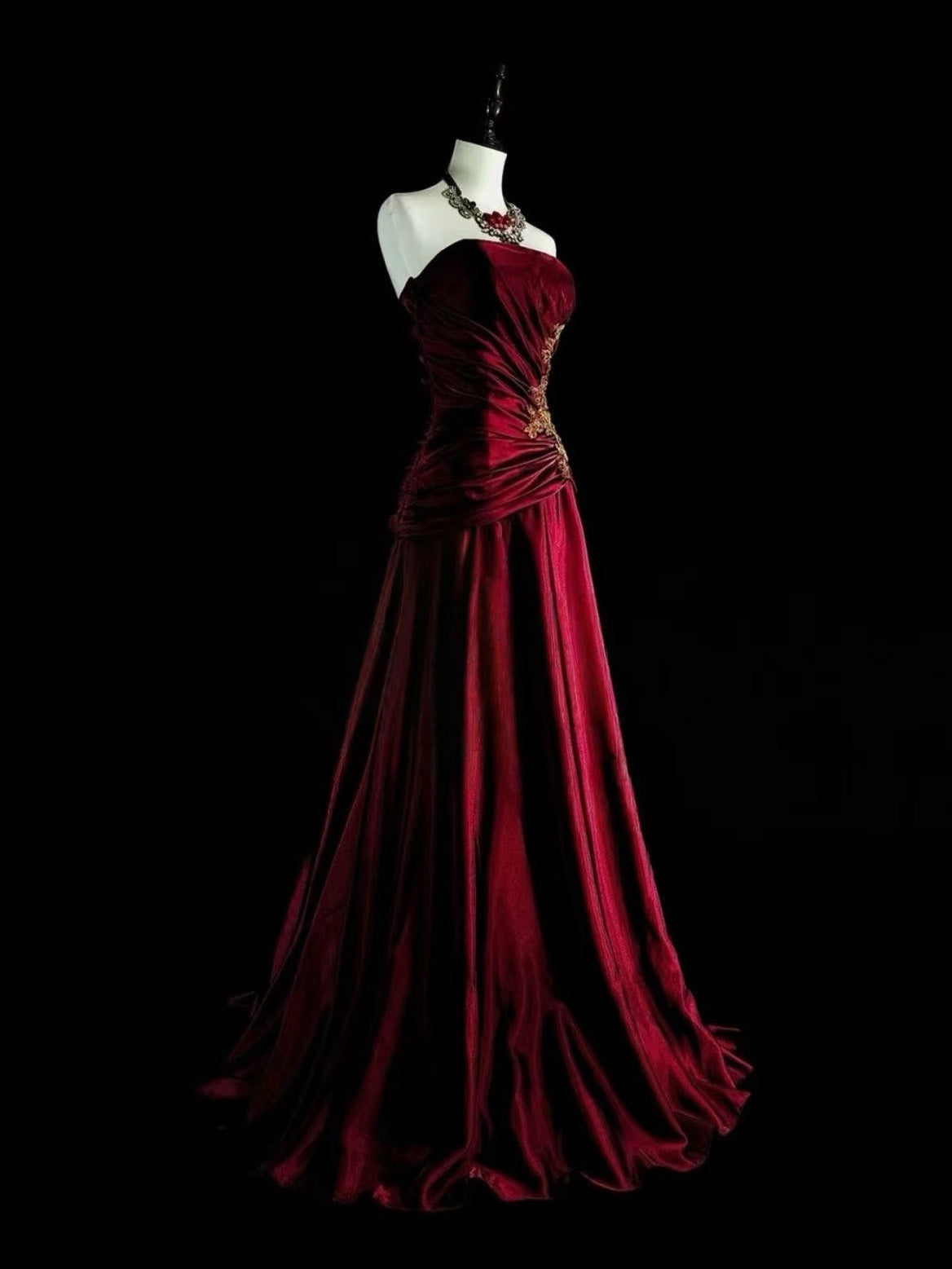 A-line Satin Lace Applique Burgundy Long Prom Dress