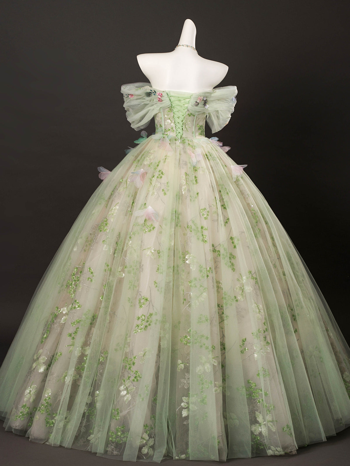 A-Line Off Shoulder Tulle Lace Green Long Prom Dress, Green Long Sweet 16 Dress
