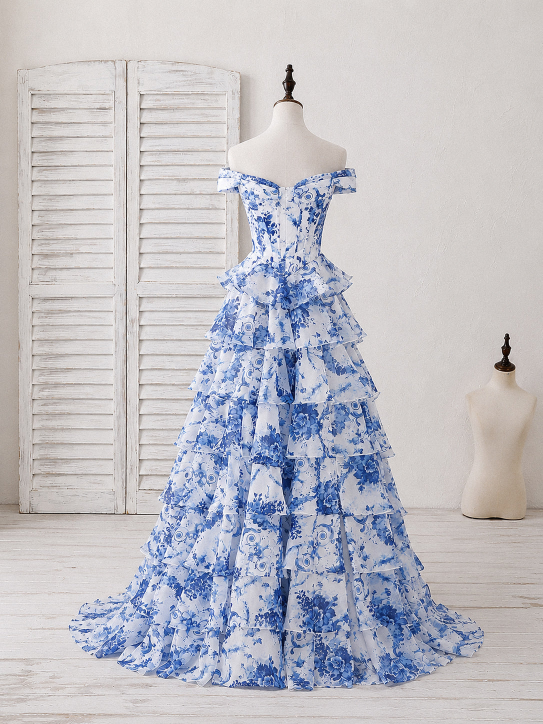 A-line Sweetheart Off Shoulder Printed Chiffon Blue Long Prom Dress