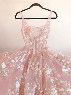 A-Line Tulle Lace Pink Long Prom Dress, Pink Lace Long Formal Dress