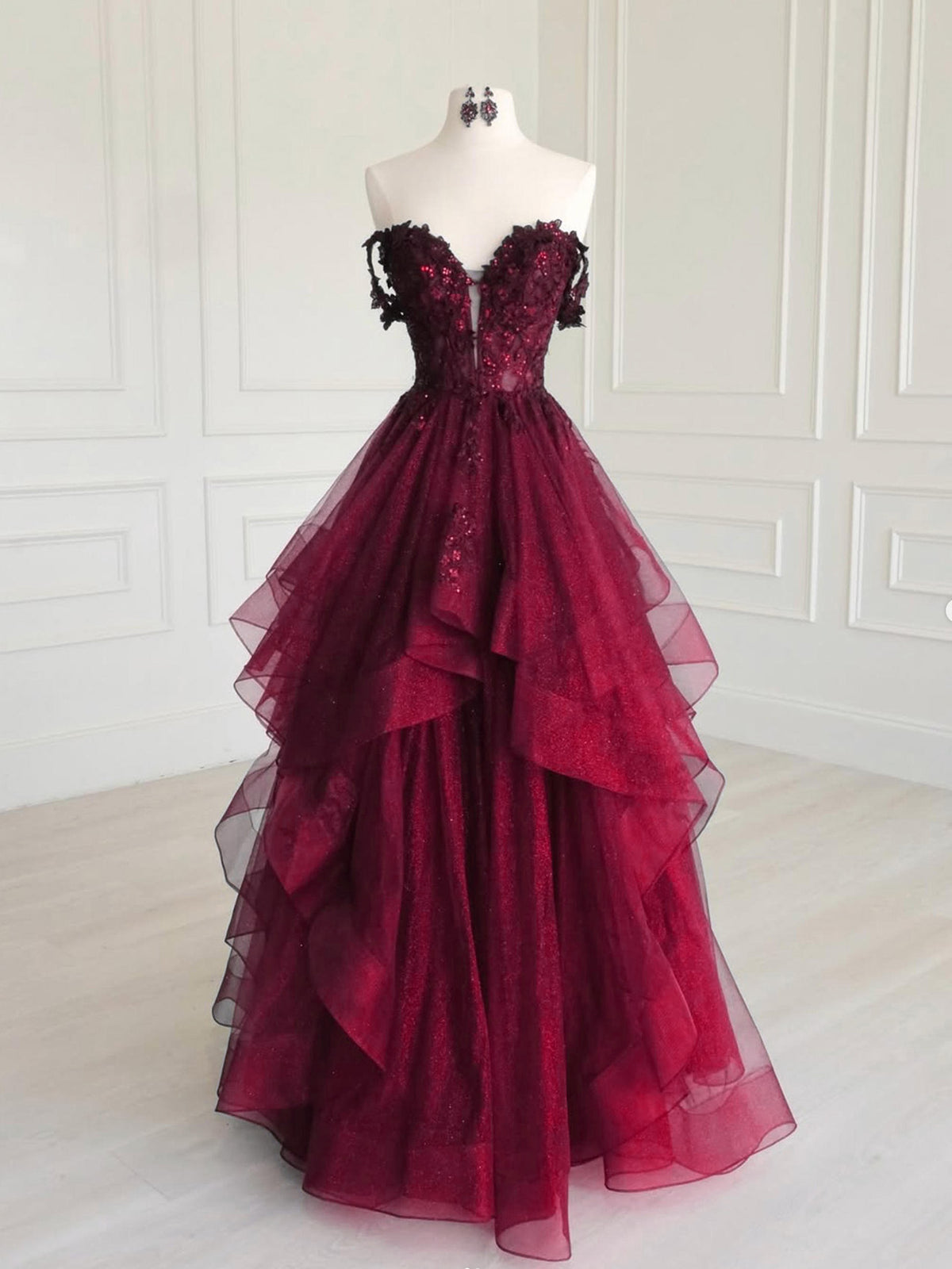 A-Line Off Shoulder Tulle Sequin Lace Blue Long Prom Dress