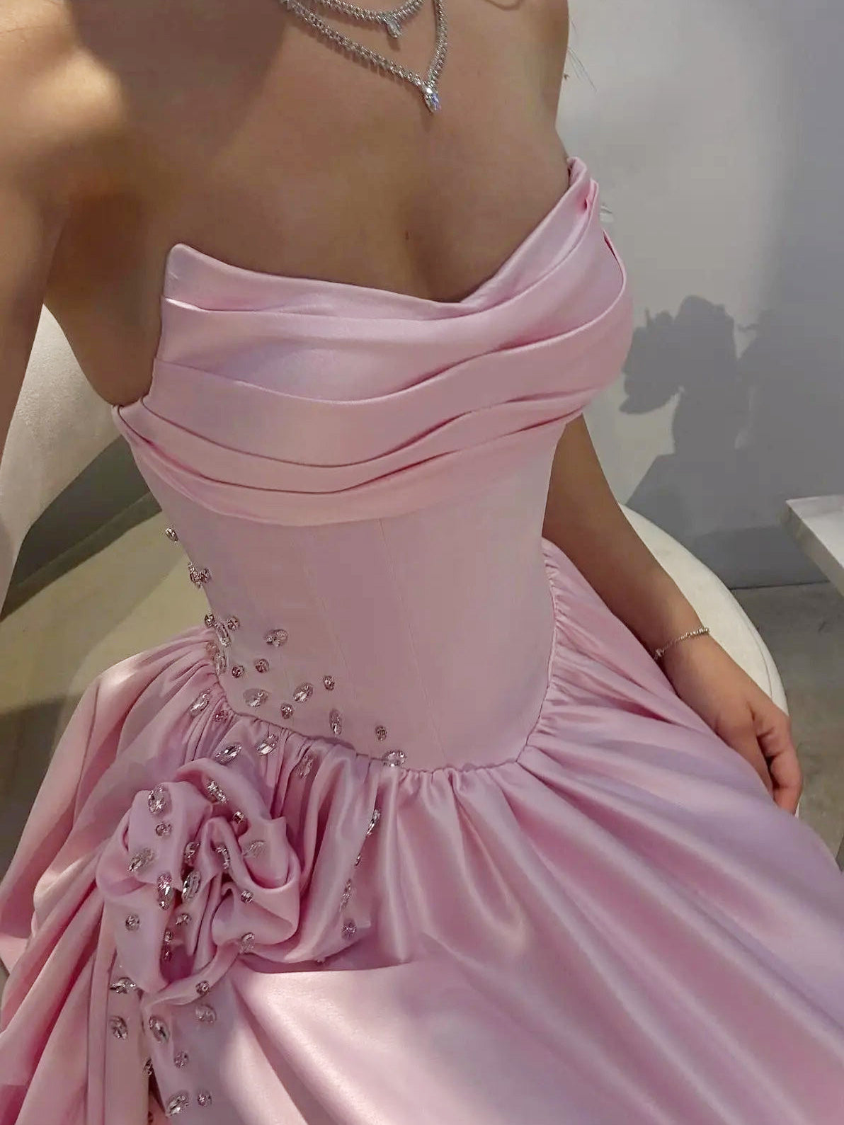 A-line Satin Floor Length Pink Long Prom Dress with Flower Beads