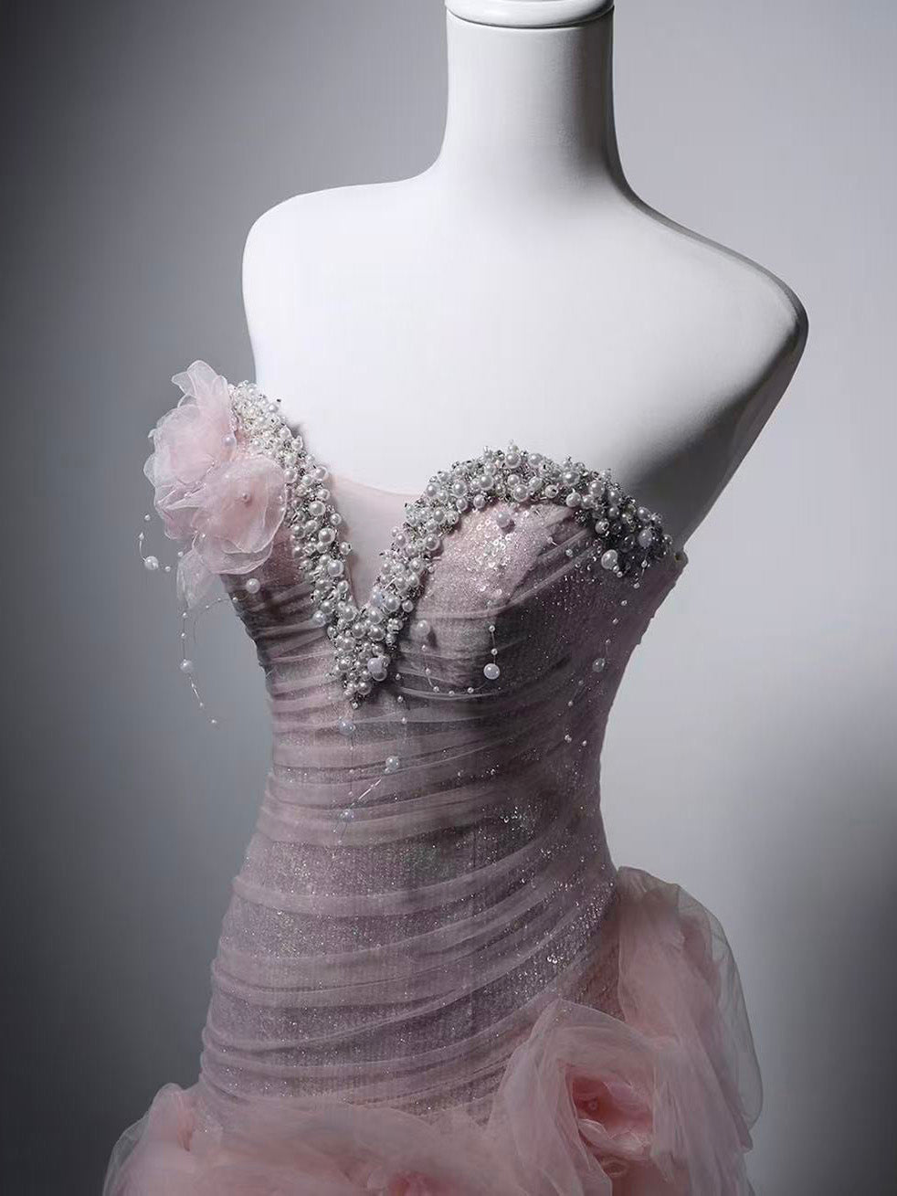 A-line Sweetheart Neck Tulle Sequin Pink Long Prom Dress with Beads
