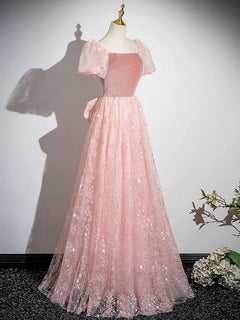A-Line Tulle Lace Velvet Pink Long Prom Dress, Pink Long Formal Dress