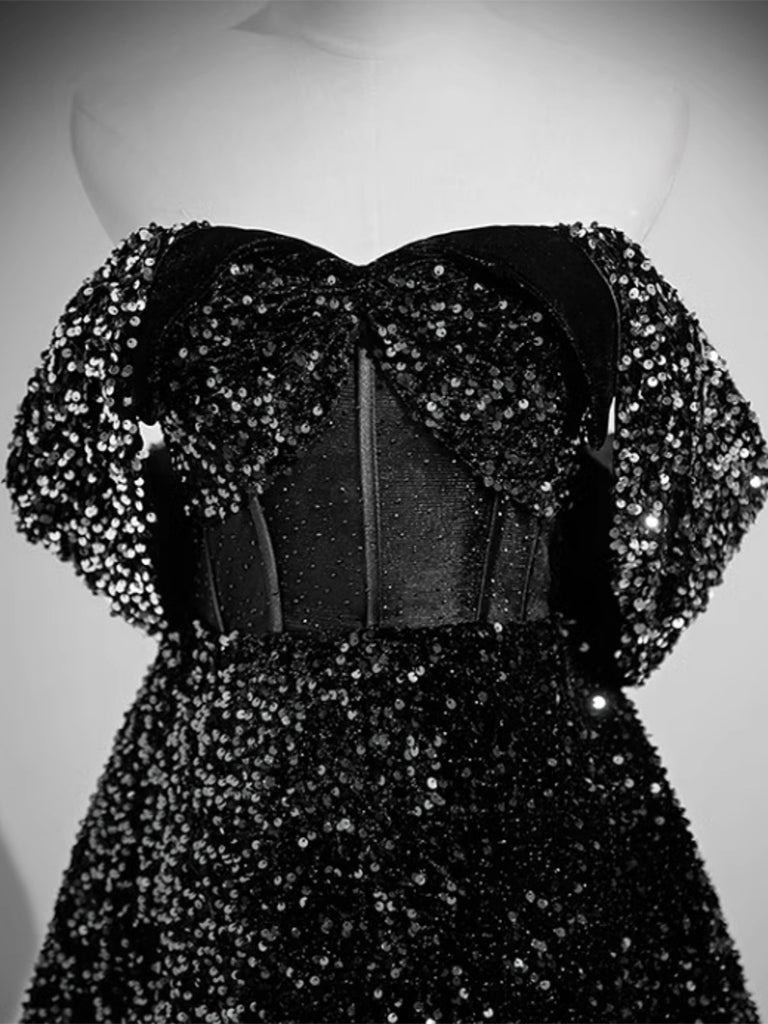 A-Line Velvet Sequin Long Black Prom Dress, Black Long Evening Dress