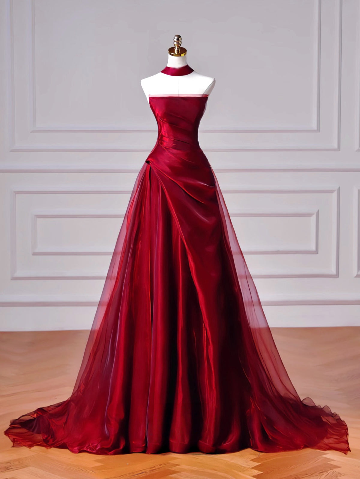 A-Line Off Shoulder Sweep Train Satin Organza Burgundy Long Prom Dress