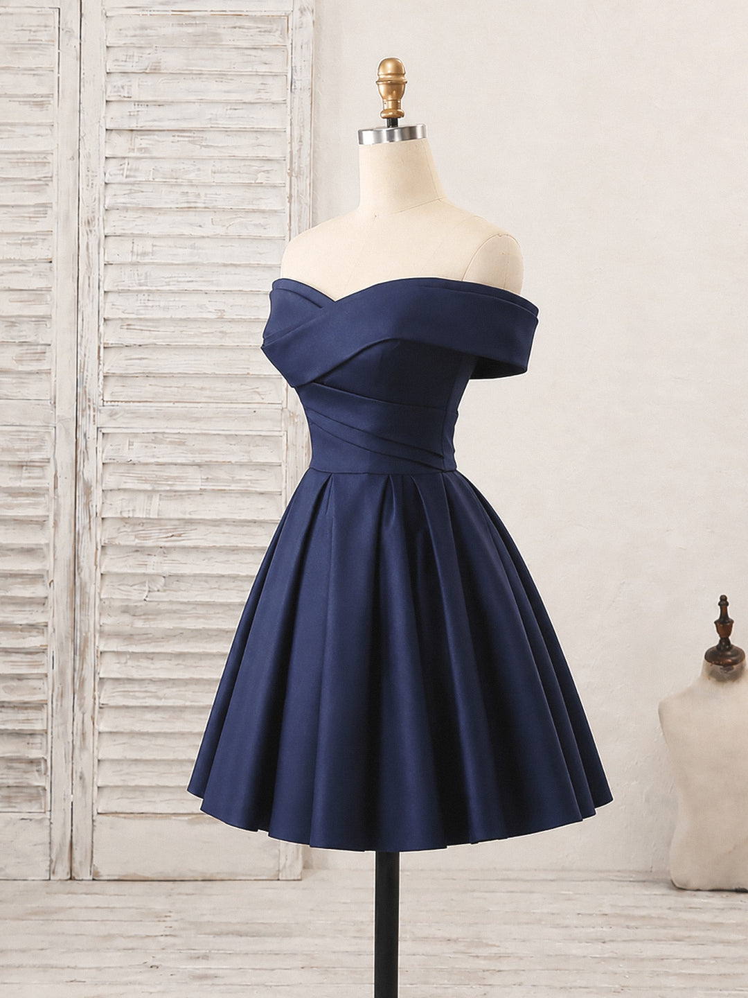 Simple Off Shoulder Satin Dark Blue Short Prom Dress, Blue Homecoming – shopluu