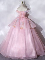 A-Line Off Shoulder Organza Lace Pink Long Prom Dress. Pink Sweet 16 Dress