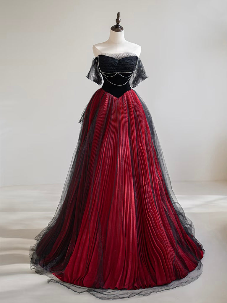 A-Line Off Shoulder Tulle Black/Burgundy Long Prom Dress