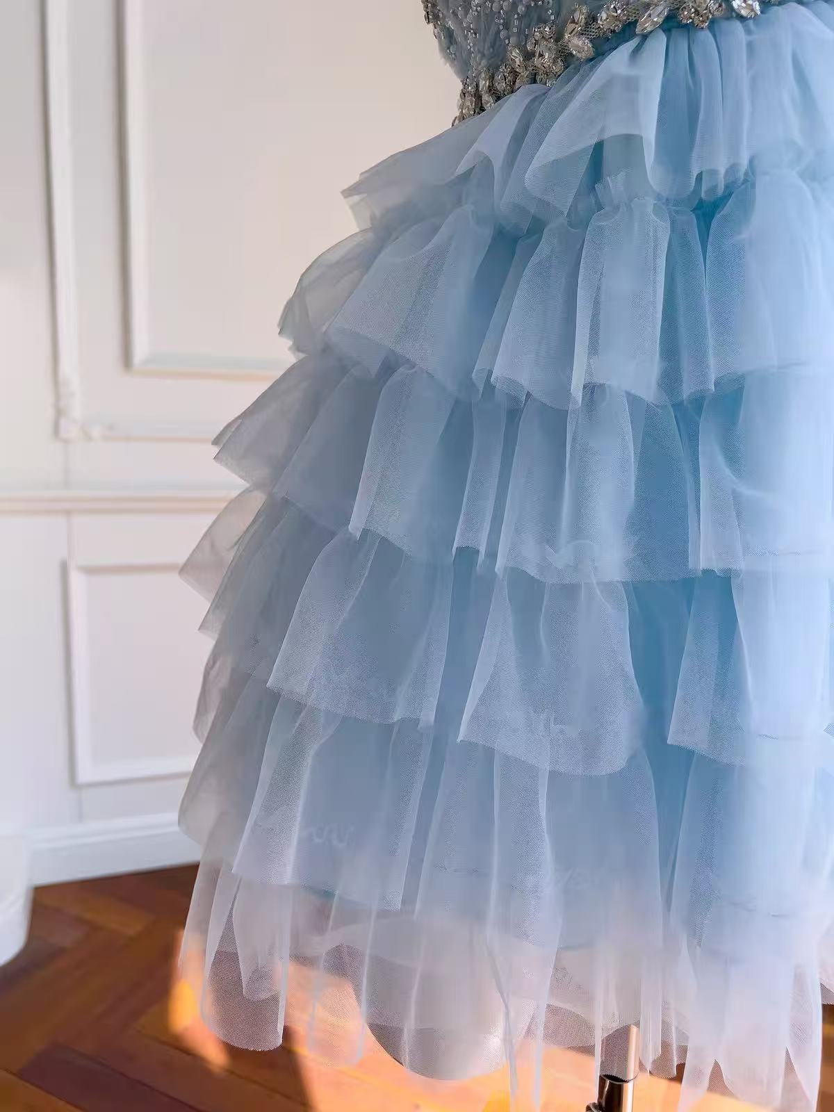 Light Blue Beaded Prom Dress with Tiered Tulle Prom Dress
