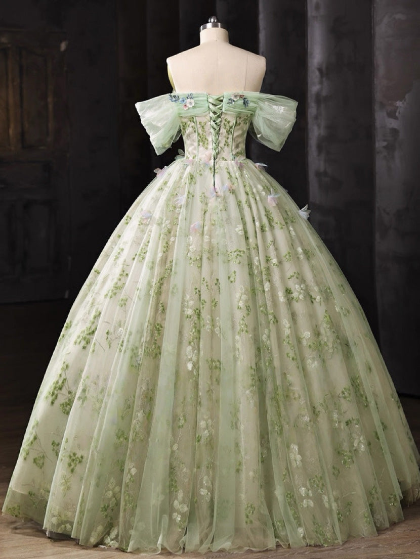 A-Line  Off Shoulder Tulle Lace Green Long Prom Dress