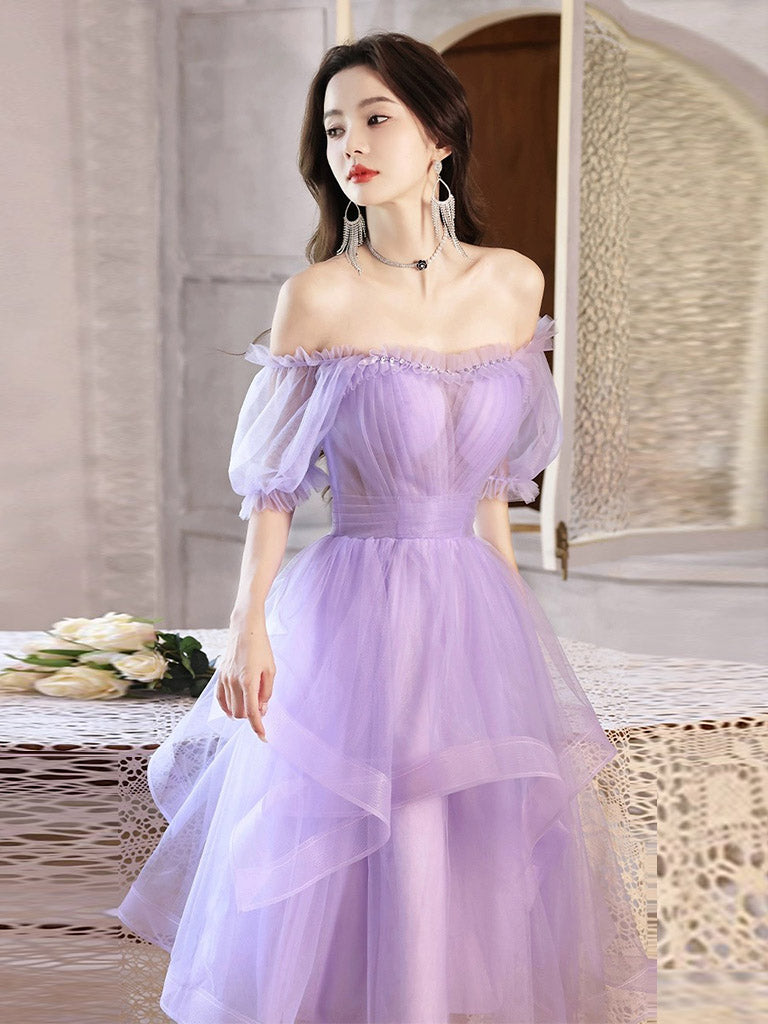 Simple Purple V Neck Tulle Short Prom Dresses, Purple Homecoming Dress shopluu Simple Purple V Neck Tulle Short Prom Dresses, Purple Homecoming Dress shopluu