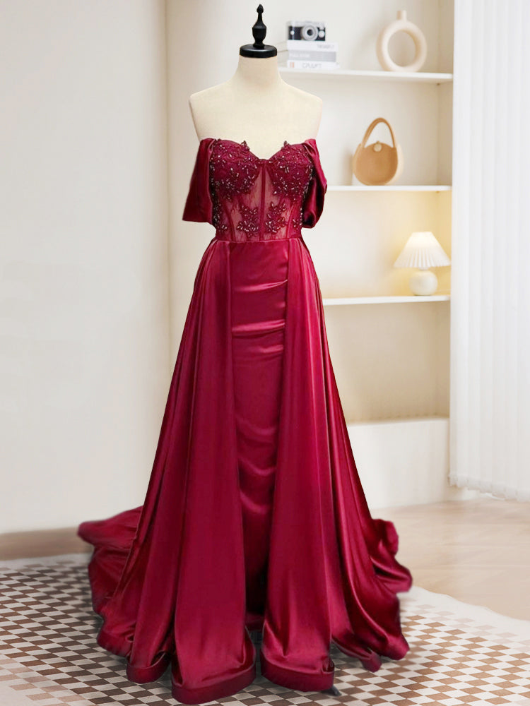 Burgundy A-Line Off Shoulder Satin Lace Long Prom Dress, Burgundy Long – shopluu