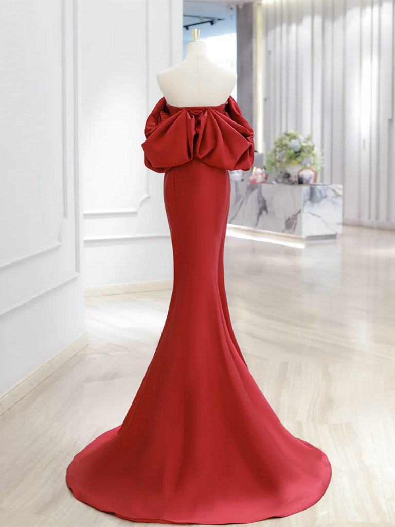 Simple Off Shoulder Satin Red Mermaid Long Prom Dress, Red Long Formal Dress