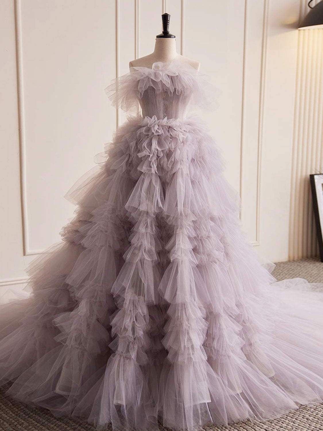 purple and gray dress Grey Tulle Long Prom Dresses, Grey Purple Evening shopluu highlighting feminine morbidezza and grace Grey Purple Tulle Long Prom