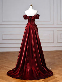 Simple Off Shoulder Satin Burgundy Long Prom Dress, Burgundy Long Formal Dress