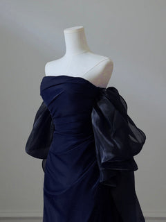 A-Line Satin Dark Blue Long Prom Dress, Dark Blue Long Evening Dress