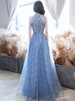 A-Line Off Shoulder Tulle Blue Long Prom Dress, Blue Lace Long Formal Dress
