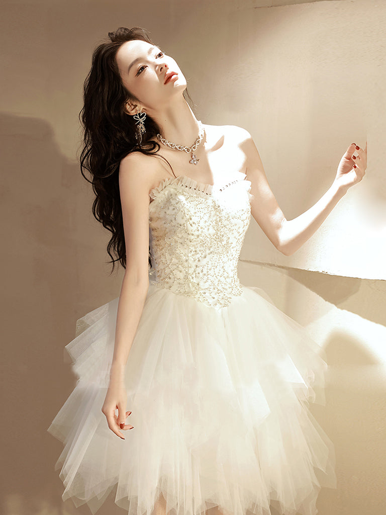Beige Tulle Sequin Short Prom Dress, Beige Homecoming Dress – shopluu