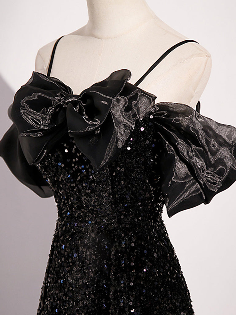 Black Off Shoulder Velvet Sequin Long Prom Dress, Black Long Evening Dress