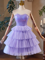 A-Line Tulle Sequin Purple Short Prom Dress, Purple Homecoming Dress