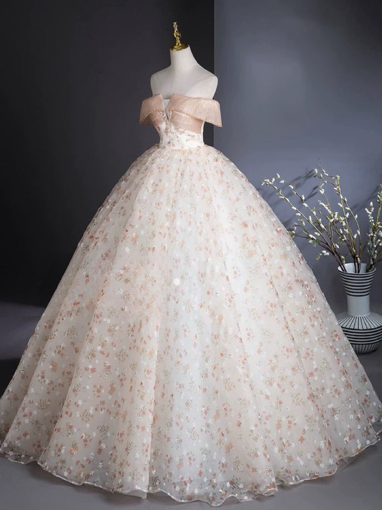 A-Line Off Shoulder Tulle Lace Champagne Long Prom Dress