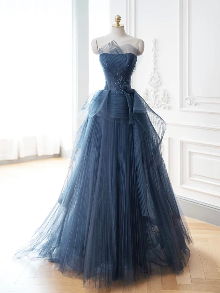 A- Line Tulle Sequin Dark Blue Long Prom Dress, Dark Blue Long Evening Dress