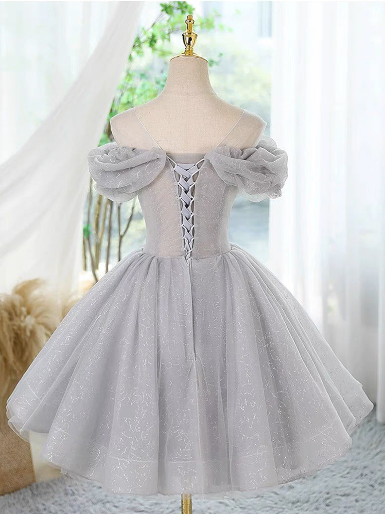 A-Line Scoop Neckline Off Shoulder Tulle Gray Short Prom Dress with Lace Beads