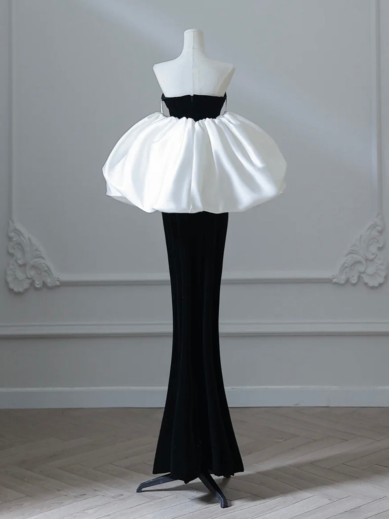 Mermaid Sweetheart Neck Velvet Satin Black Long Prom Dress with Puff Sleeves