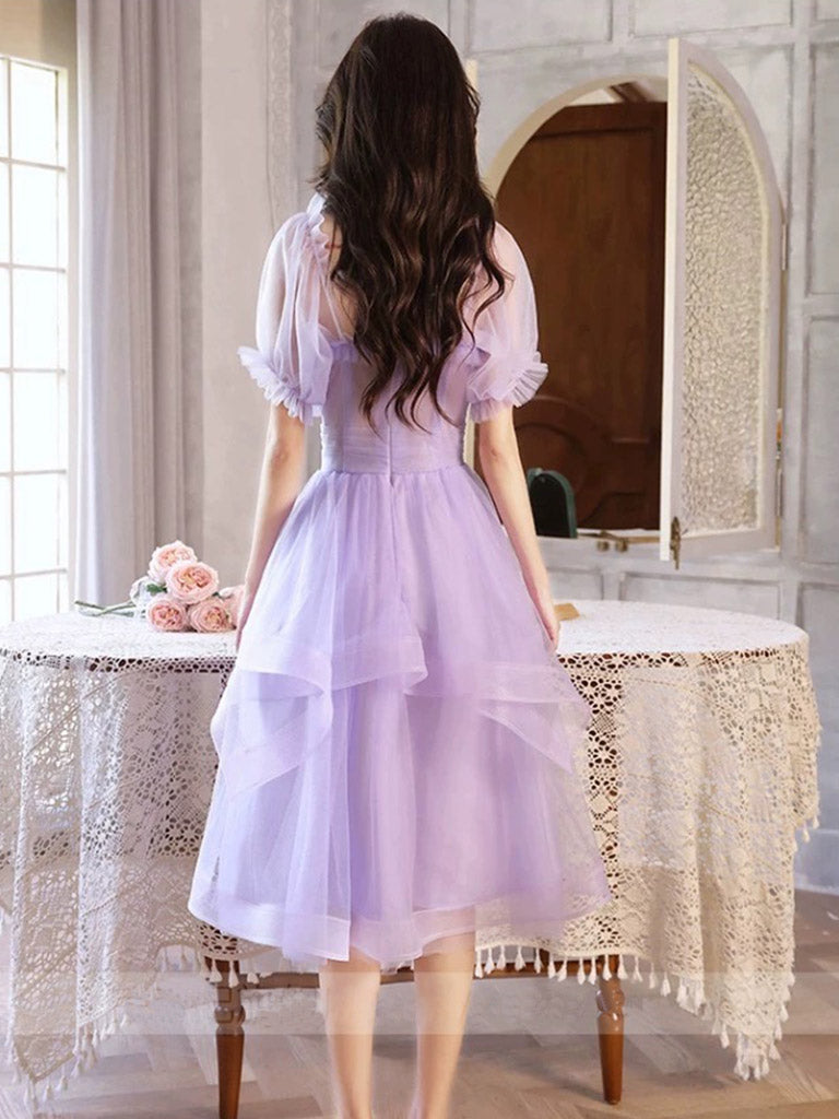 Half Sleeves Lilac Tulle Short Prom Dresses, Short Lilac Homecoming Dresses, US 12 / Custom Color / No Rush Half Sleeves Lilac Tulle Short Prom Dresses, Short Lilac Homecoming Dresses, US 12 / Custom Color / No Rush