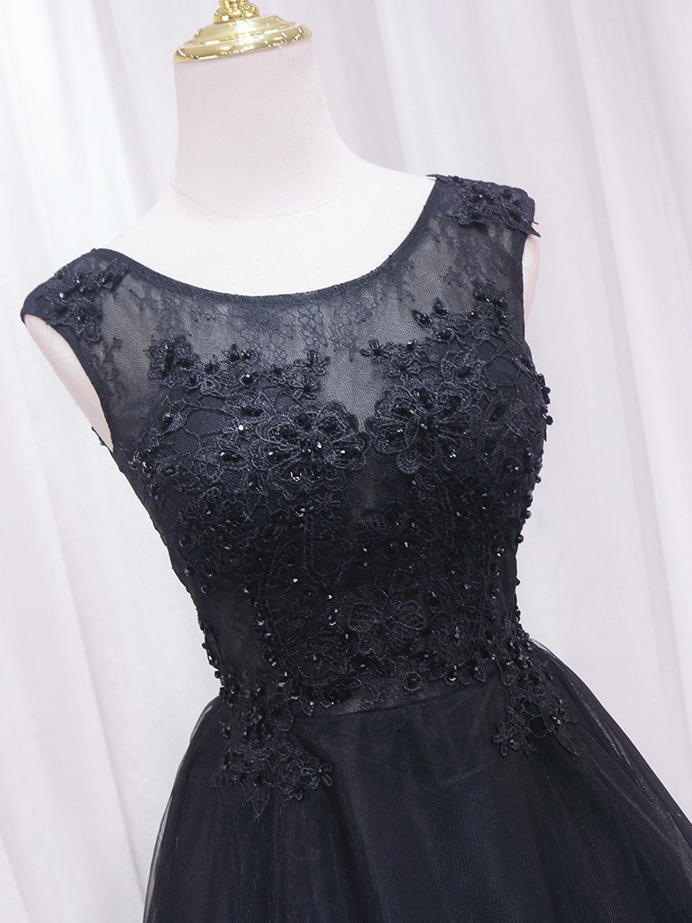 A-Line Lace Tulle Black Short Prom Dress, High Low Black Homecoming Dr