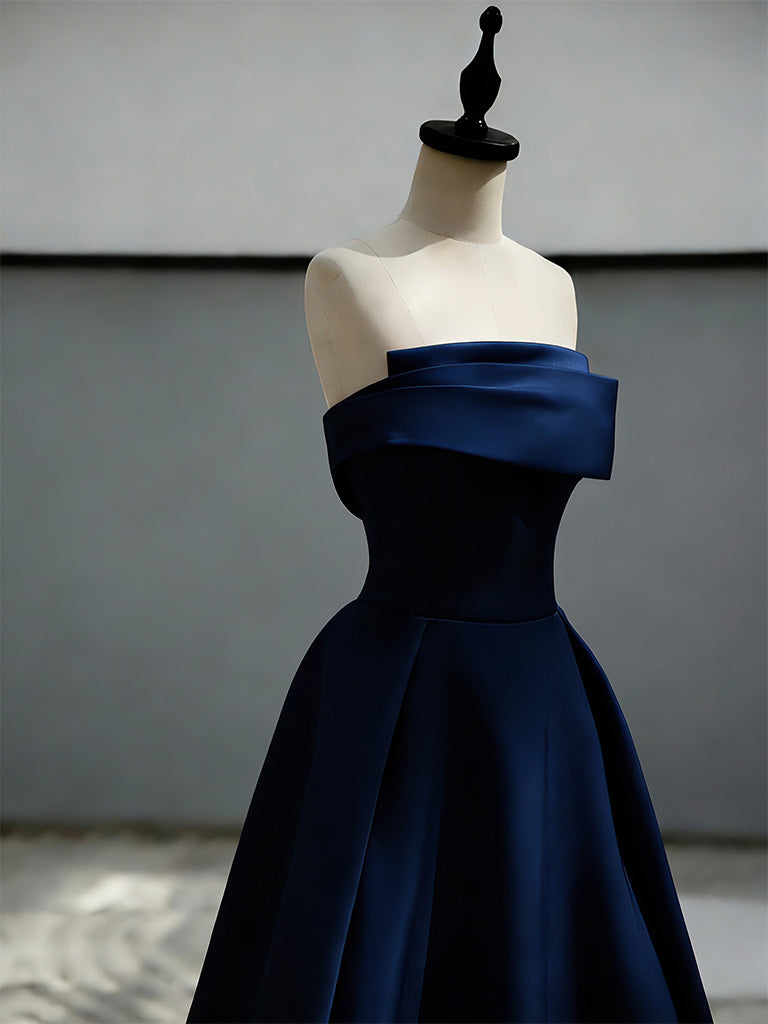 A-Line Sweep Train Satin Dark Blue Long Prom Dress