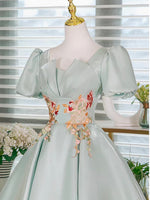 Light Green Satin Lace Applique Short Prom Dress, Cute Homecoming Dress