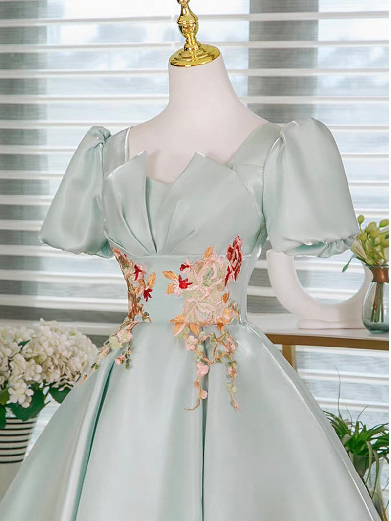Light Green Satin Lace Applique Short Prom Dress, Cute Homecoming Dress