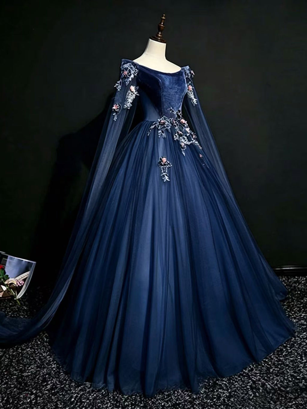 elegant navy blue prom dresses A-line Spoon Neck Long Sleeves Tulle Princess Dark Dress wit – shopluu Select a Color or Fabric:Black Walnut Stain How to Draw a PO143 neckline invites admiration
