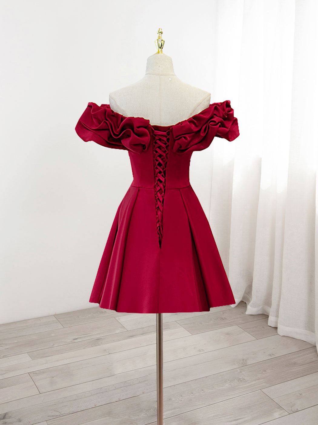 Burgundy A-Line Off Shoulder Satin Short Prom Dress, Burgundy Homecoming Dress US 8 / Burgundy Burgundy A-Line Off Shoulder Satin Short Prom Dress, Burgundy Homecoming Dress US 8 / Burgundy