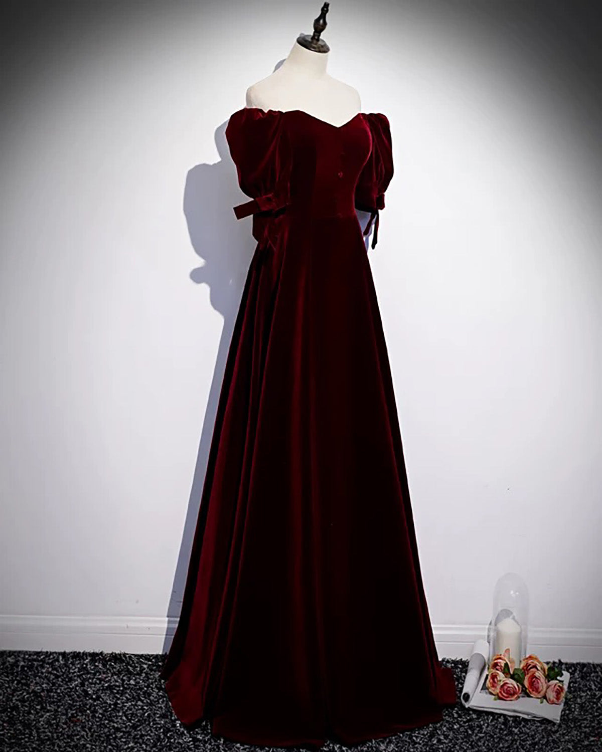A-Line Puff Sleeves Velvet Burgundy Long Prom Dress